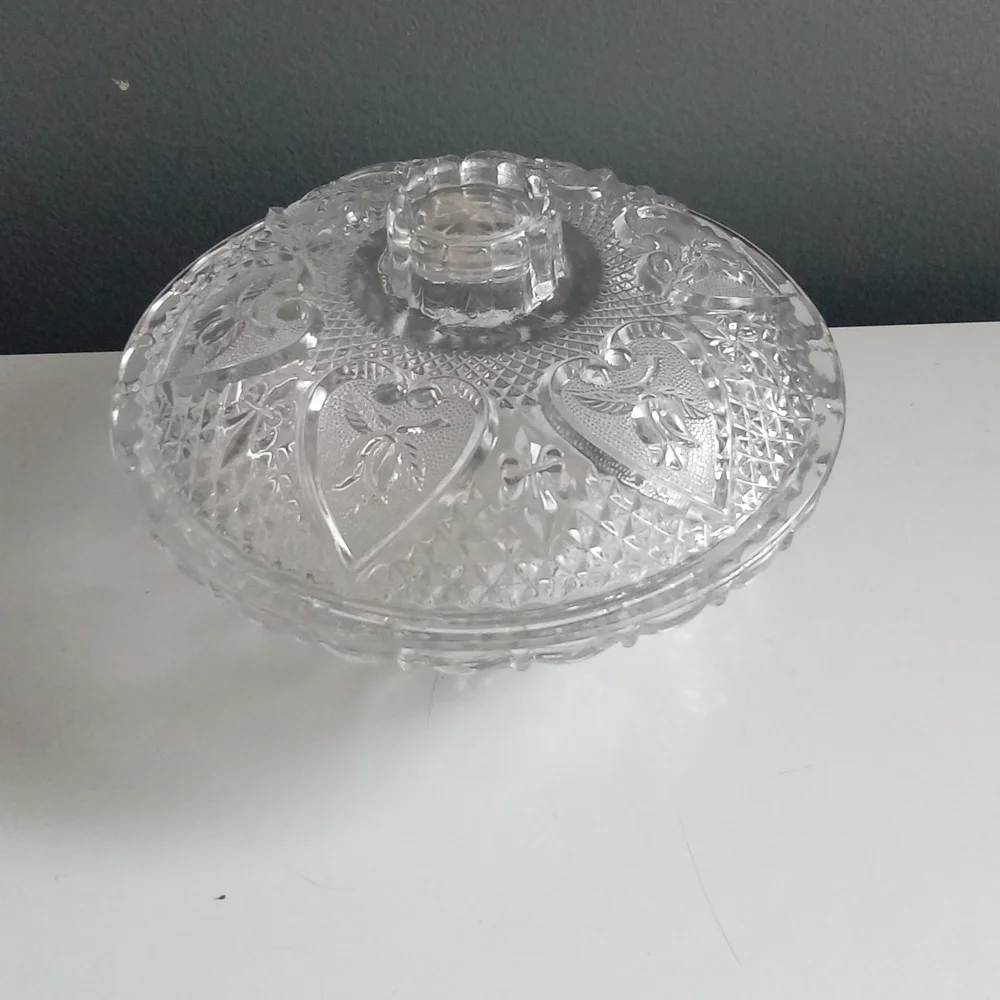 Clear Crystal Glass Footed Bowl With Dome Shape Lid Heart Etched Vintage Serving